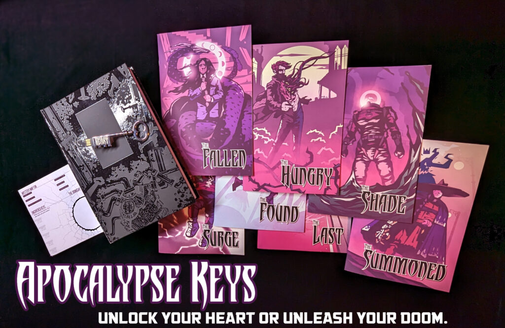 A photo of different books and supplements for the Apocalypse Keys TTRPG: a tablet of tear-off Mystery Maps, a USB drive in the shape of a skeleton key, a stack of seven playbooks, the all-black Special Edition hardcover with shiny varnished spot gloss art, and the standard hardcover edition of Apocalypse Keys. The cover is pink, purple, and orange. It features a winged Harbinger descending in a cone of orange light at two PCs prepare to do battle.