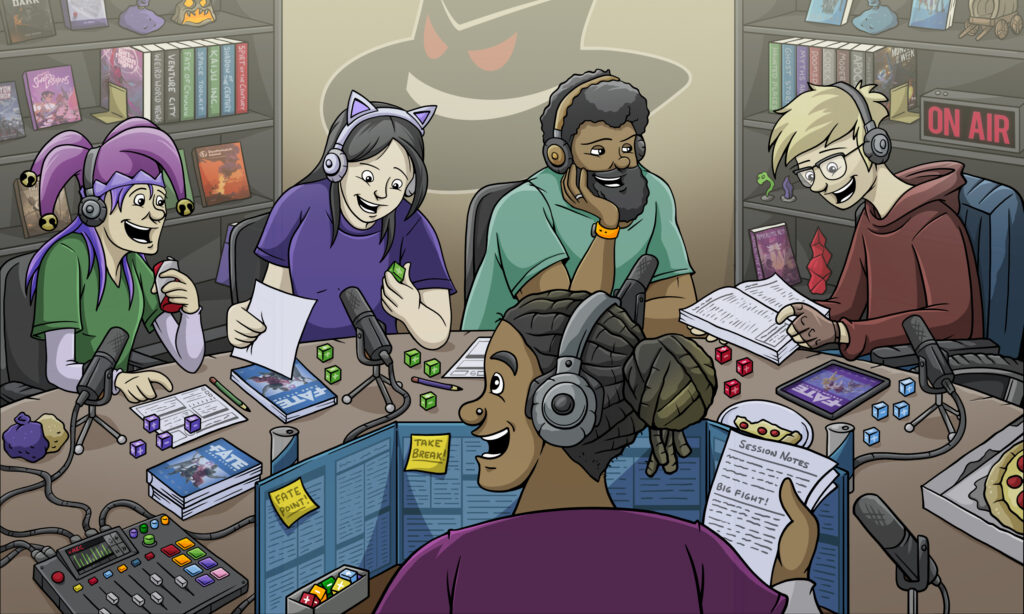 A colorful illustration of a group of diverse gamers playing Fate and recording a podcast.